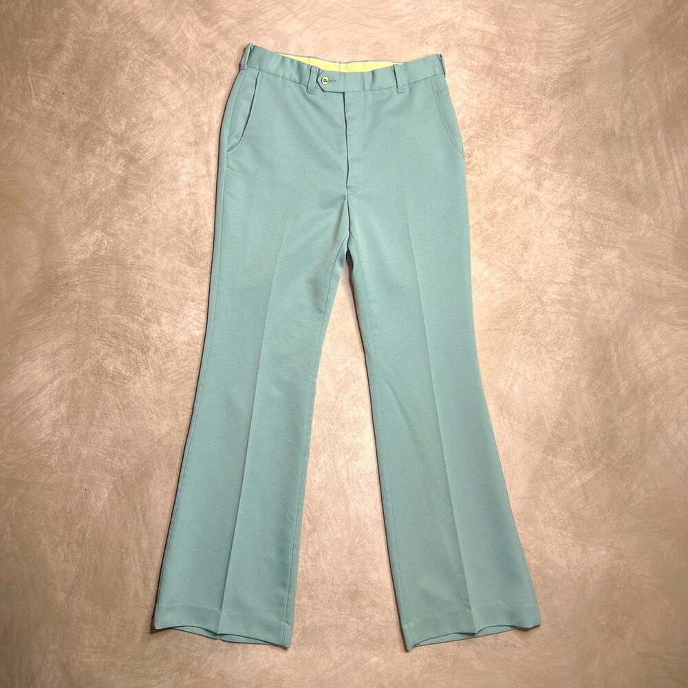 Vintage 70s Sea Foam Green Pants Bootcut Trousers High Rise Retro Disco Formal